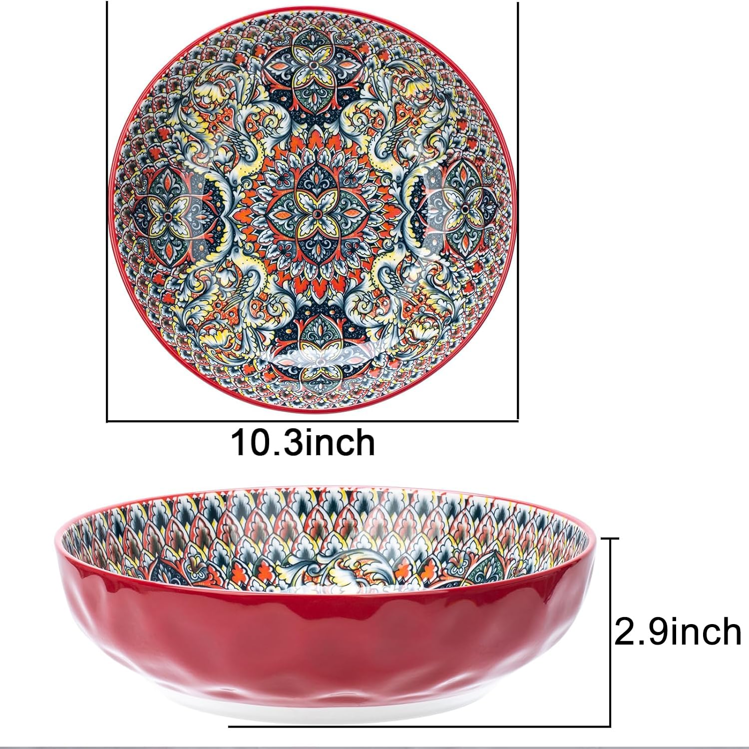 Ronanemon Large Serving Bowls, 75 Oz Fruit Salad Bowls, Bohemian Style Large Porcelain Dishes for Entertaining Parties,Big Bowls for Eating Soup, Salad, Pasta, Fruit, Chips, 10.3 Inch Diameter (red)