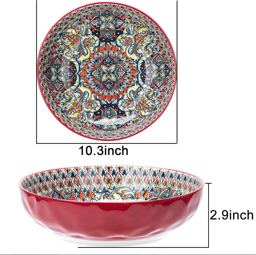 Ronanemon Large Serving Bowls, 75 Oz Fruit Salad Bowls, Bohemian Style Large Porcelain Dishes for Entertaining Parties,Big Bowls for Eating Soup, Salad, Pasta, Fruit, Chips, 10.3 Inch Diameter (red)