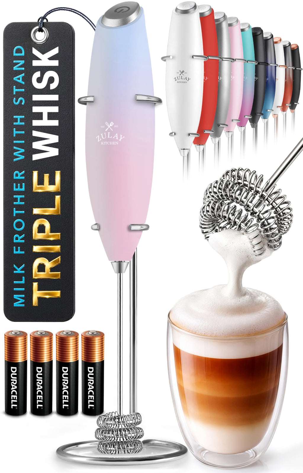 Zulay Kitchen Powerful Milk Frother Wand With Duracell Batteries - Ultra Fast Handheld Drink Mixer - Electric Whisk Foam Maker for Coffee, Lattes, Cappuccino & Matcha - Z1 Motor - Aqua