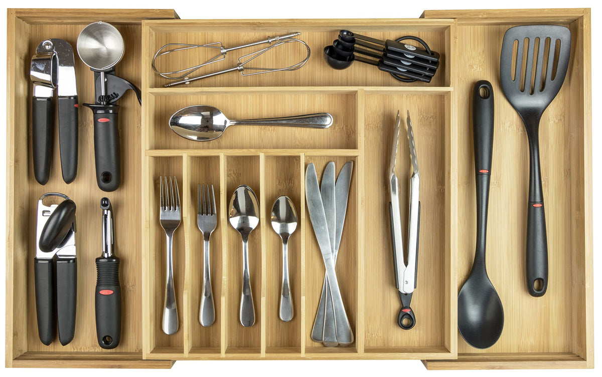 KitchenEdge Silverware & Utensil Drawer Organizer, 14.5-25 in, Acacia