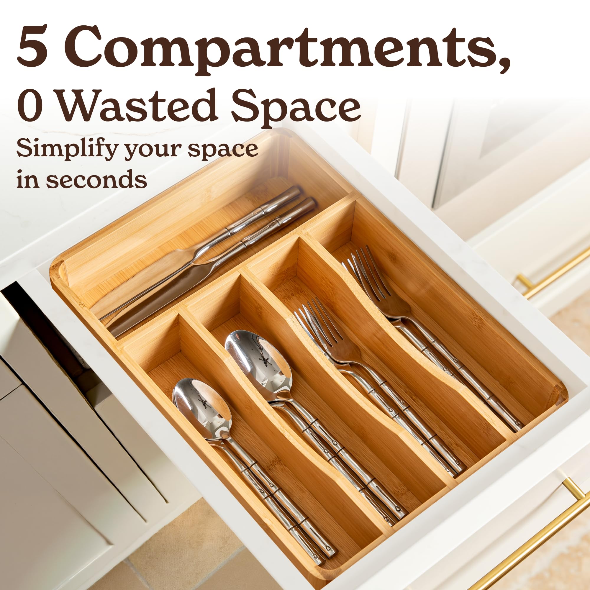 SMIRLY Silverware Drawer Organizer – Bamboo Kitchen Drawer Organizer, Adjustable Utensil Holder and Cutlery Tray, Drawer Dividers for Flatware and Kitchen Utensils