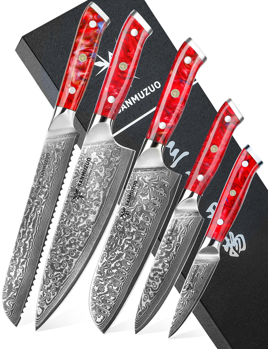 SANMUZUO Chef Cooking Knives Set- Kitchen Knife Set of 5 Piece - Ultra-Sharp VG10 Damascus Steel & Resin Handle - Xuan Series (Sunset Red)
