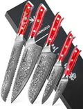 SANMUZUO Chef Cooking Knives Set- Kitchen Knife Set of 5 Piece - Ultra-Sharp VG10 Damascus Steel & Resin Handle - Xuan Series (Sunset Red)