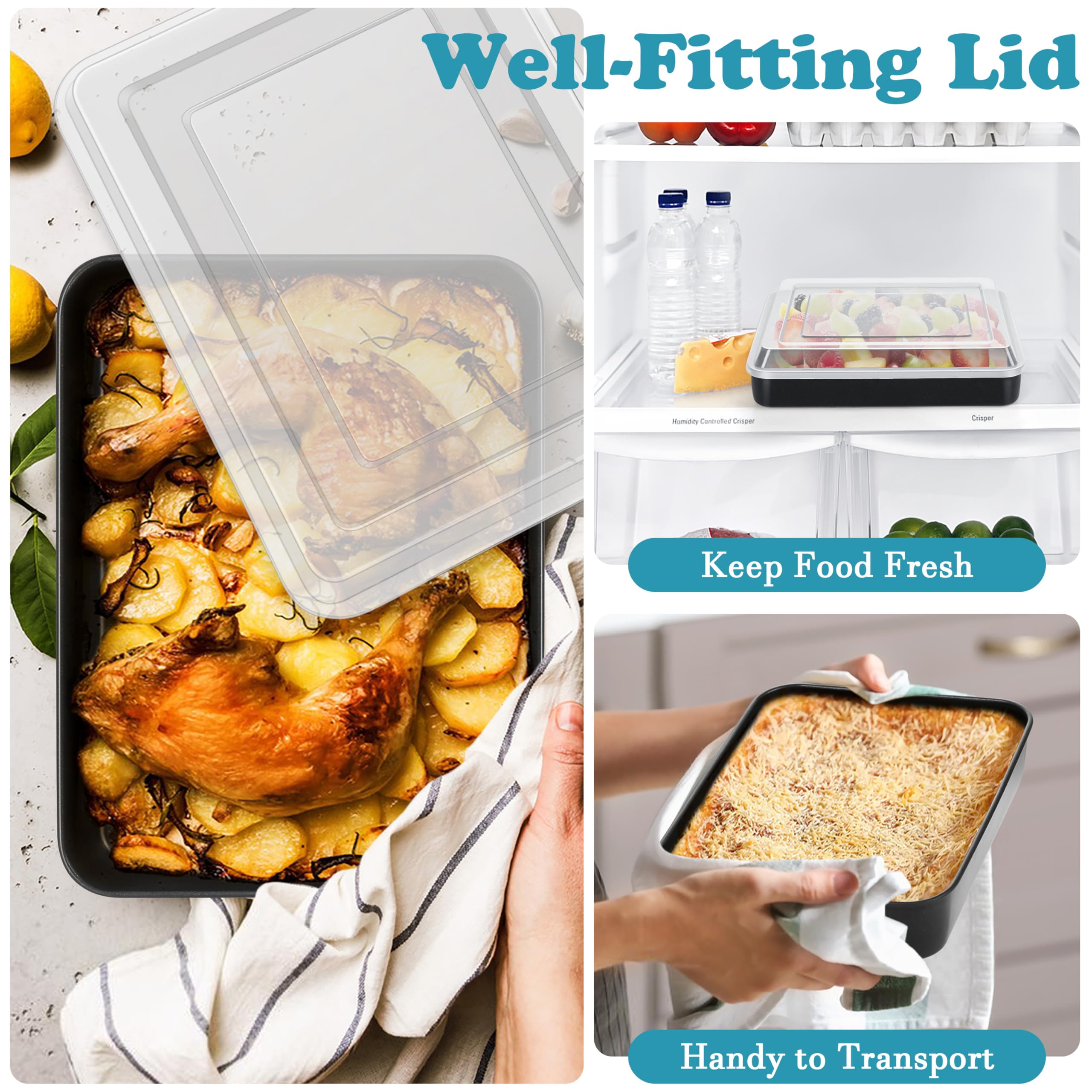 E-far Small Baking Pan with Lid, 10.4 x 8 Inch Nonstick Stainless Steel Rectangle Cake Pan with Cover for Baking Brownies Lasagna, Stainless Steel Core & Nonstick Coating, Non-toxic & Oven Safe