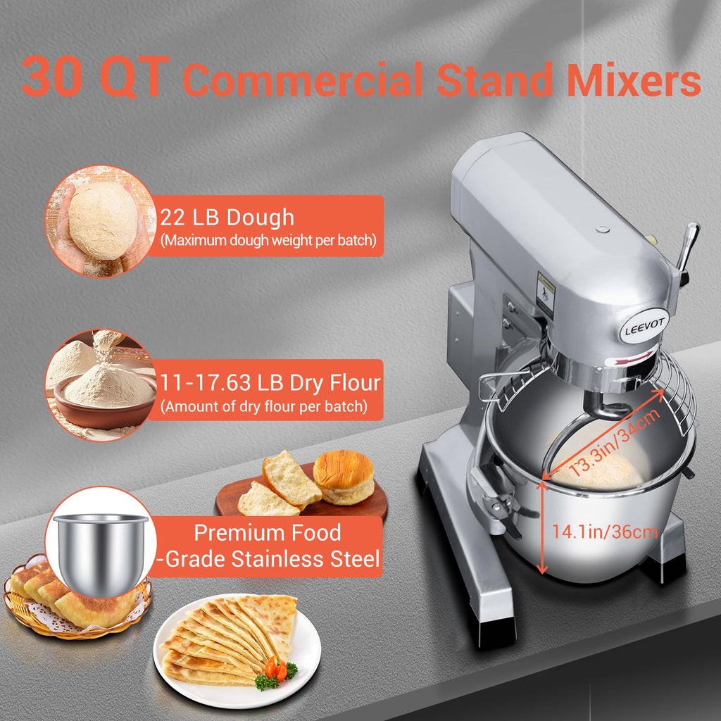BOSBAK 30 QT Stand Mixer, Commercial Industrial Grade Kitchen Electric Food Mixer with Stainless Steel Bowl, 3 Types of Mixing Tools, Built for Professional Baking: Effortlessly Handles Large Recipes