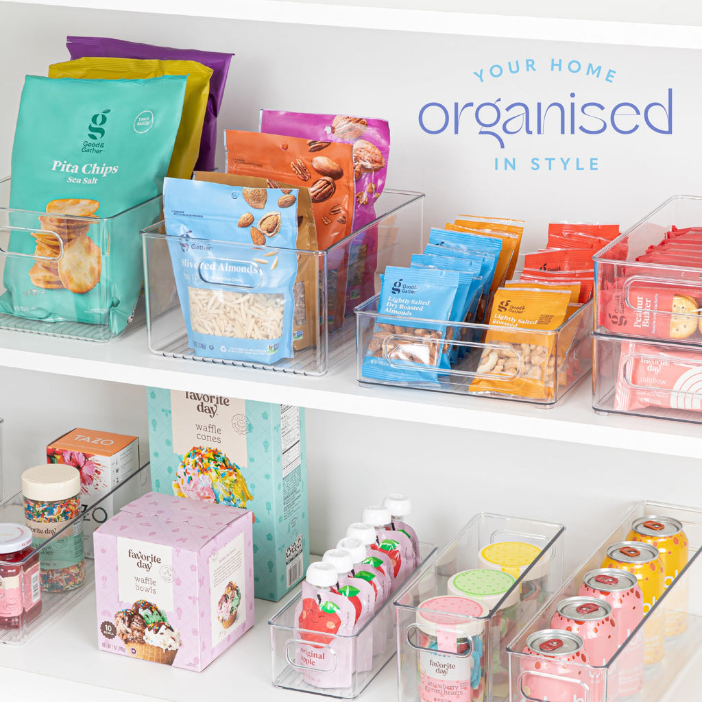 Plastic Food Storage Clear Container 2 Pack Bin with Handles for Organizing Kitchen, Pantry, Refrigerator, Freezer, Pantry, Cabinet, Closet, Bathroom. Stackable 10”x4”x3”