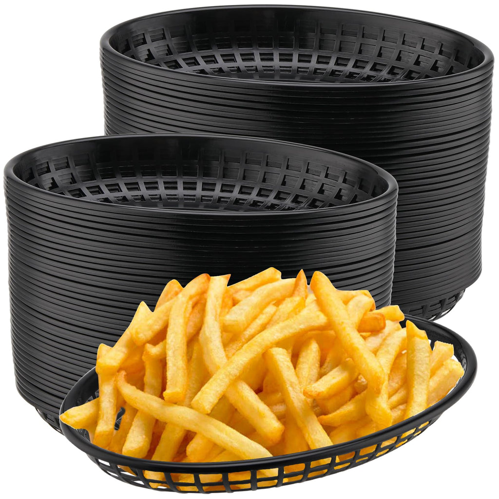HEIHAK 80 Pack 9x5.7x1.6 Inch Black Plastic Fast Food Baskets, Restaurant Serving Basket, Oval Fast Food Serving Baskets for Picnic, Deli Serving, Chicken, Burgers and Fries