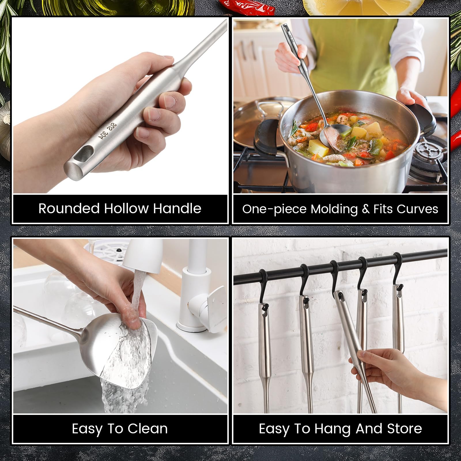 Teenyyou 9 Pcs 304 Stainless Steel Utensils Set with Wood Handle Metal Cooking Tool Spatula, Solid Spoon, Slotted Spoon, Fork, Ladle, Skimmer, Slotted Spatula Spaghetti(Silver,Stainless Steel)