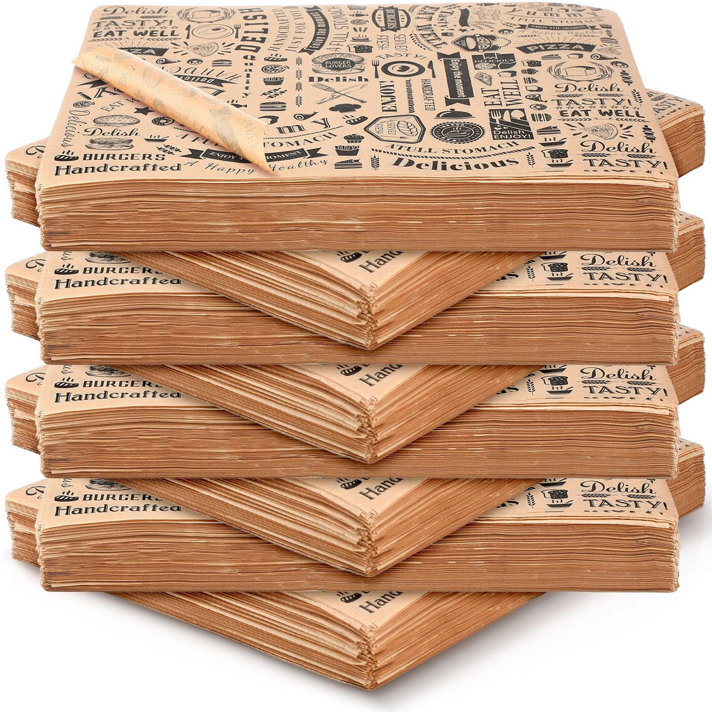 Outus 600 Pcs 8 x 10 inch Deli Wax Paper Sheets Grease Resistant Tray Basket Liners Newsprint Paper Water and Grease Proof Sandwich Wrapping Square Hot Dog Wrappers for Food Baking(Brown)