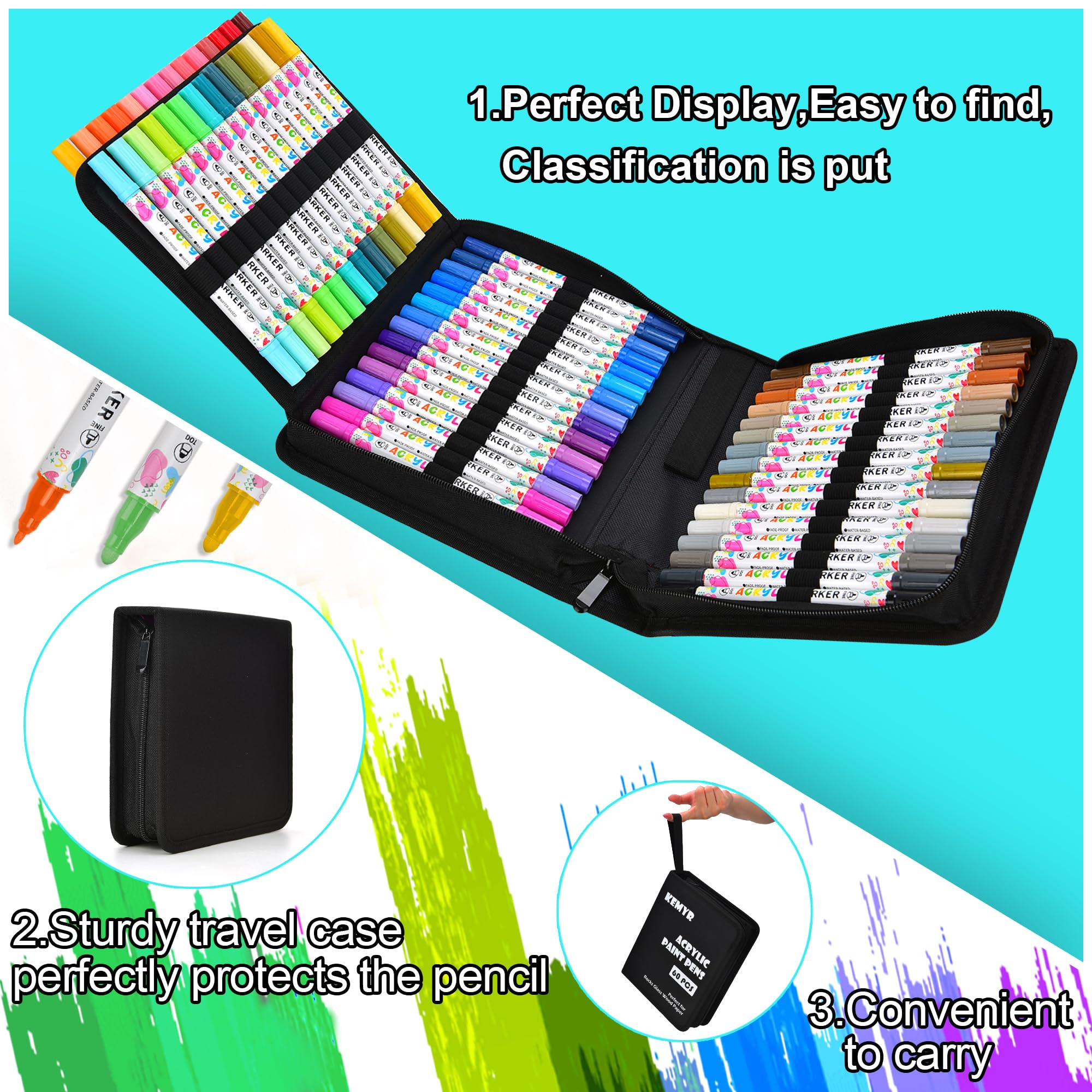 KEMYR 60 Colors Acrylic Paint Pens, Dual Tip Acrylic Paint Markers for Paper, Wood, Canvas, Stone, Rock Painting, Glass, Fabric, DIY, Ceramic, Art Supplies for Adults Drawing (Dot + Fine)