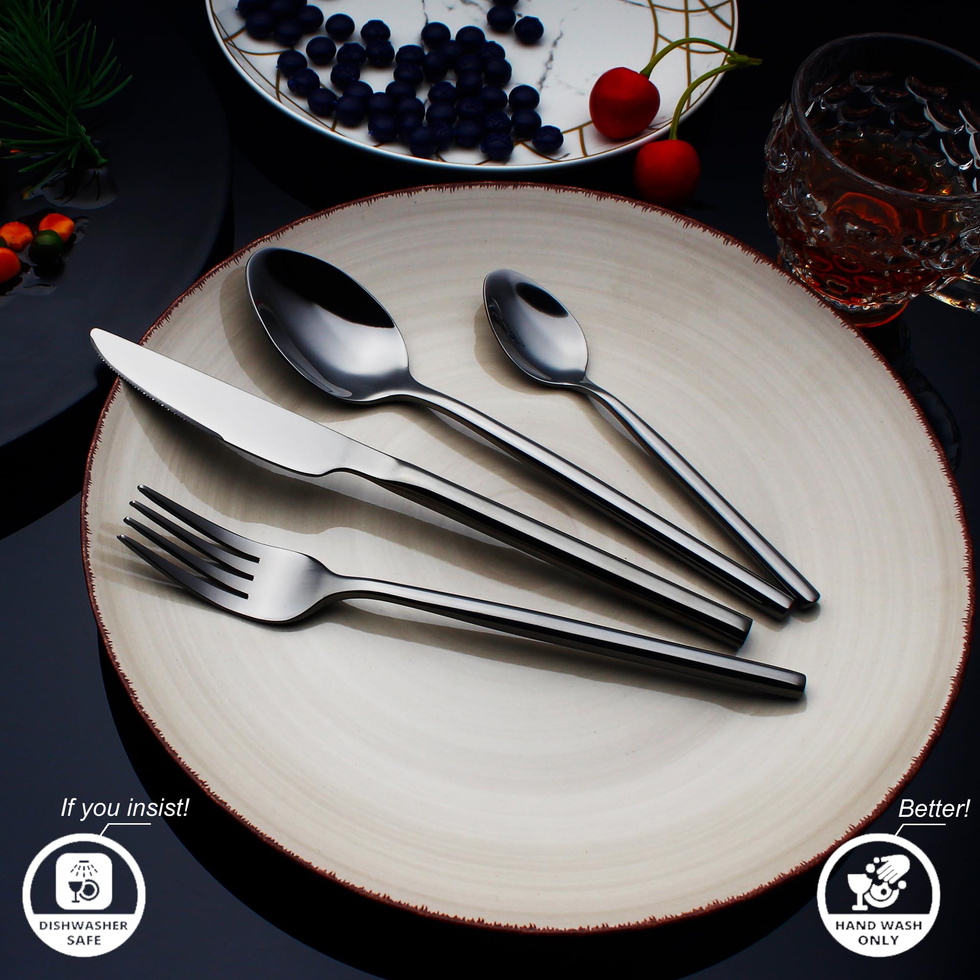 CHAAMFORGE 24 Piece Silverware Set For 6 Black Heavy duty 18/10 Stainless Steel Flatware Set Modern Design Knife/Fork/Spoon Mirror Polished Dishwasher Safe Cutlery Set with Gifts
