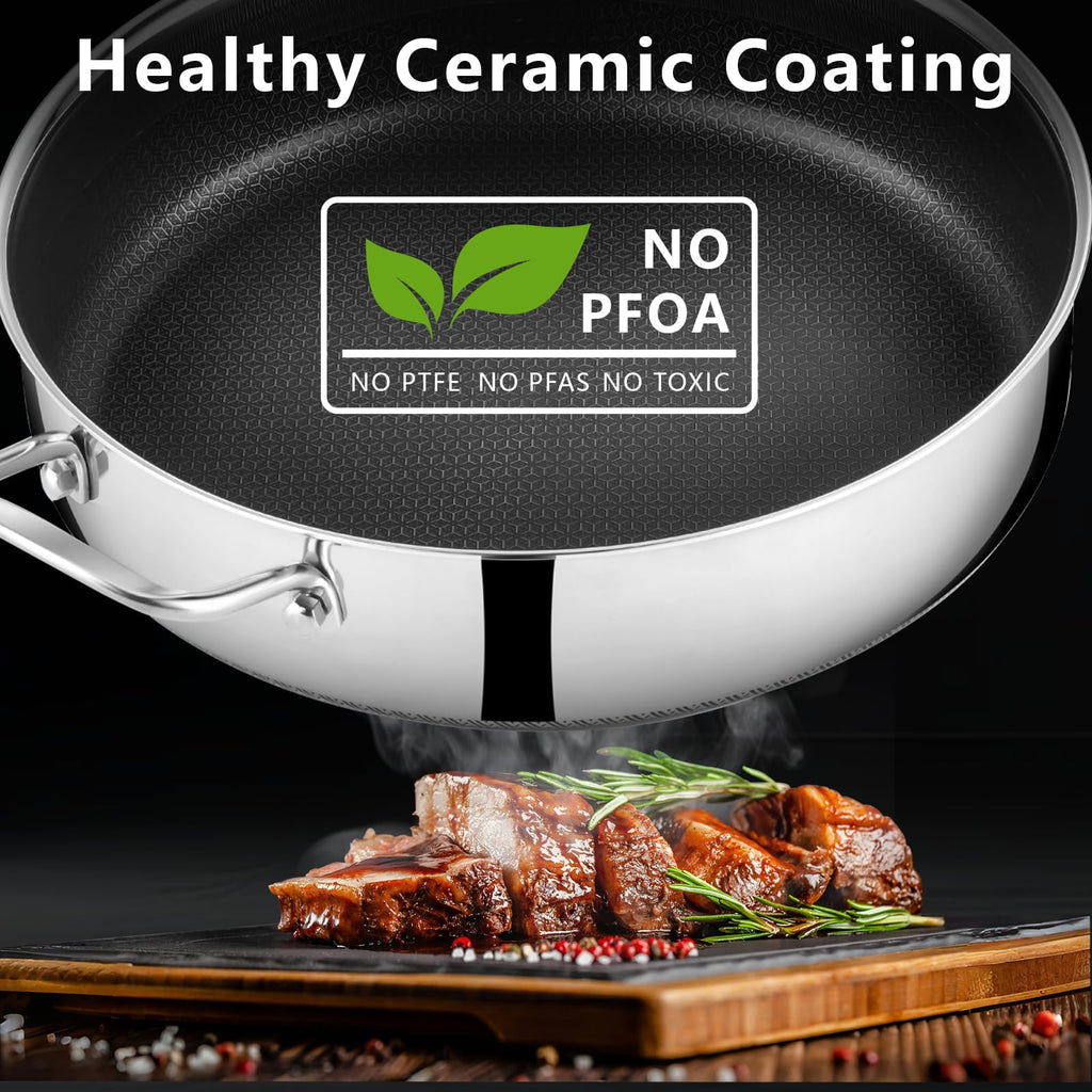 SAKAMOSH 5.6 Qt Hybrid Nonstick Deep Sauté Pan & Lid, 12" Stainless Steel