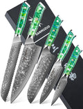 SANMUZUO Chef Cooking Knives Set- Kitchen Knife Set of 5 Piece - Ultra-Sharp VG10 Damascus Steel & Resin Handle - Xuan Series (Jade Green)
