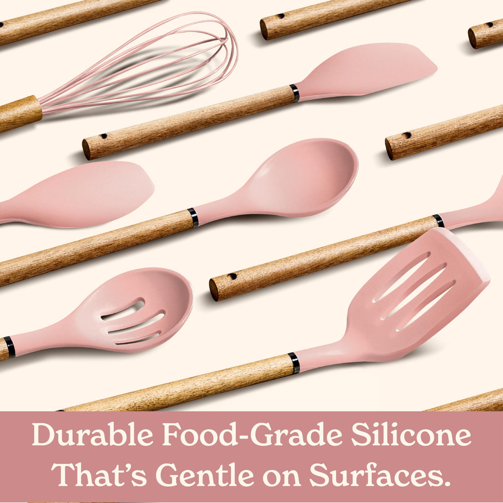 Country Kitchen Non Stick Silicone Utensil Set with Rounded Wood Handles for Cooking and Baking, 8 Piece Set, Pink