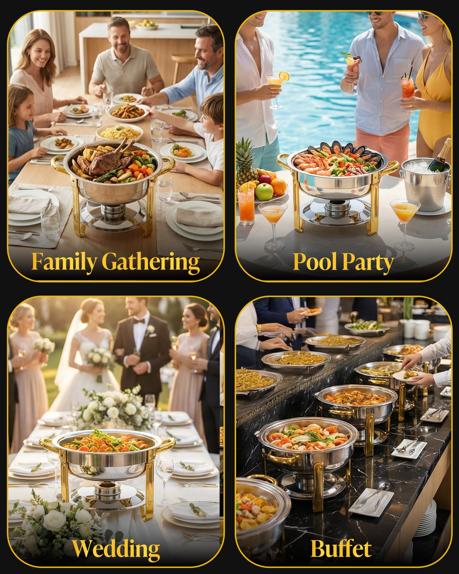Frizoky Gold Accent Chafing Dishes for Buffet, 6QT 4 Pack