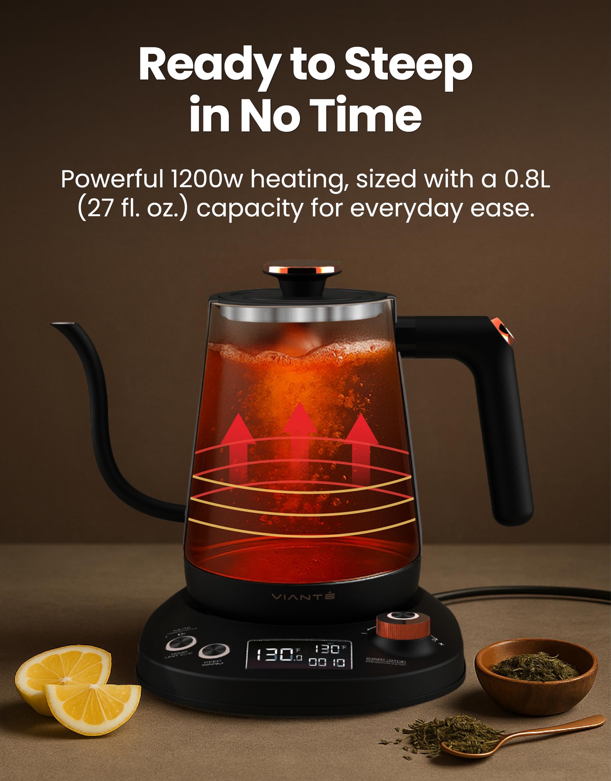 Viante Electric Gooseneck Kettle 0.8L, Pour Over Coffee & Tea, Temp Control