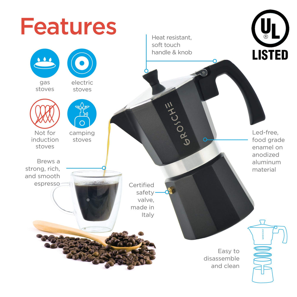 GROSCHE Milano Stovetop Espresso Maker Moka Pot 3 espresso Cup, 5 oz Black