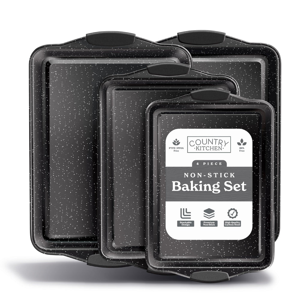 Country Kitchen Nonstick Stackable Bakeware Set - Heavy Duty, Durable, Easy Release Baking Set, Black, 4 Pcs