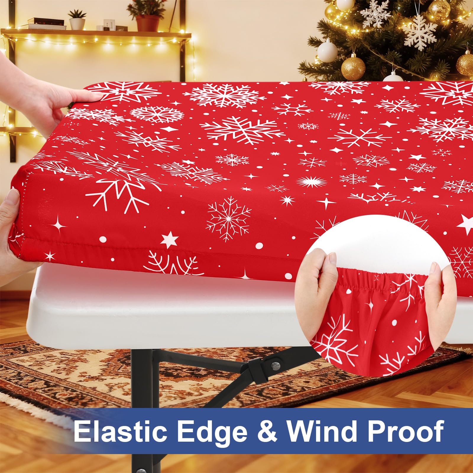 homing Rectangle Table Cloth Cover, Water-Resistant Polyester Elastic Fitted Tablecloth, Fits for 8 Foot Folding Tables, Washable Table Protector for Picnic, Camping, Outdoor (Snowflakes, 30" x 96")