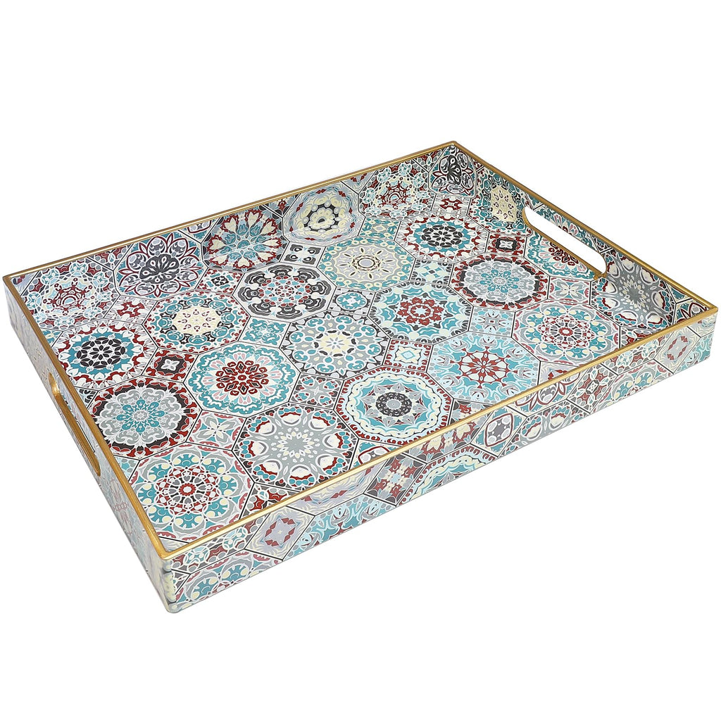 Spsyrine Decorative Serving Tray with Handles, Lacquered Coffee Table Tray for Ottoman, Rectangular Waterproof Platters for Centerpieces, Parties, Living Room, Kitchen Counter Organization SP3040RE2