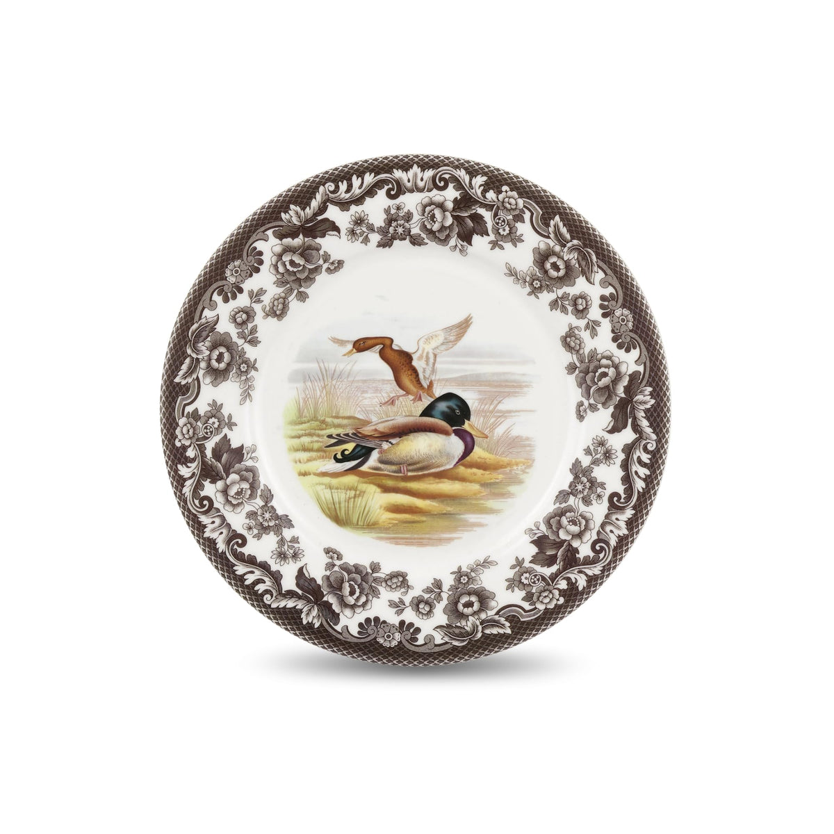 Spode Woodland Mallard Luncheon Plate - Brown & White, Rustic Duck Motif