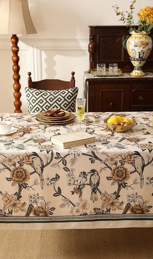 ISAENNE Designer Vintage Linen Tablecloth Rectangular,Floral and Bird Pattern Elegant Table Cloth,Fall Wrinkle Resistant Decor Tablecloths for Dining Kitchen Party Christmas,55"*79"-Murad A