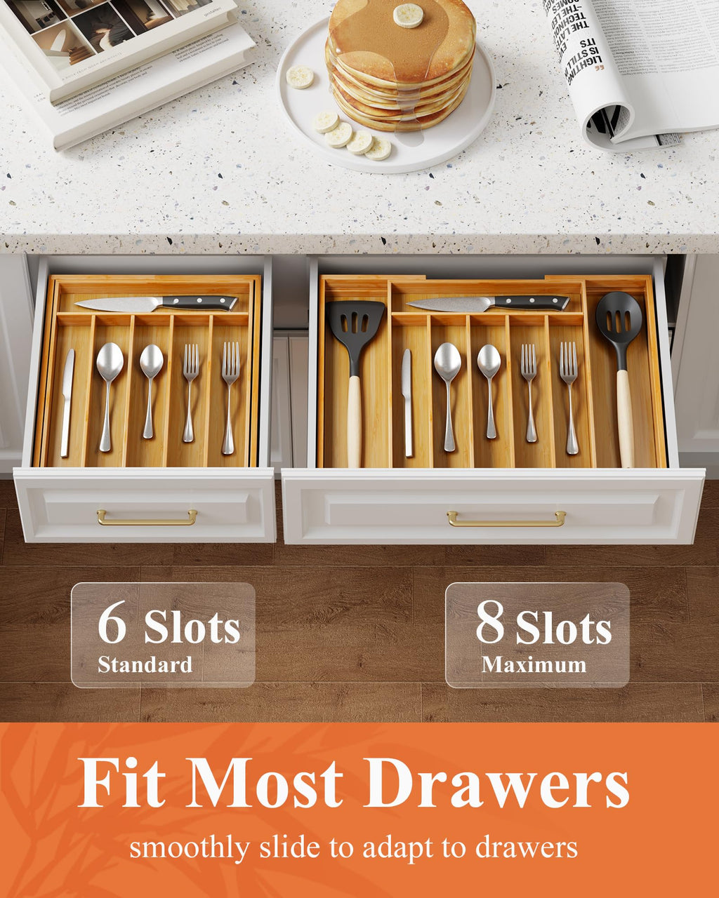 Kitsure Large Bamboo Silverware Organizer - Expandable Drawer Organizer for Utensil, Cutlery and Flatware, Kitchen Storage Solution with 6 to 8 Slots, Natural, 19.4" × 13.1" × 1.8"