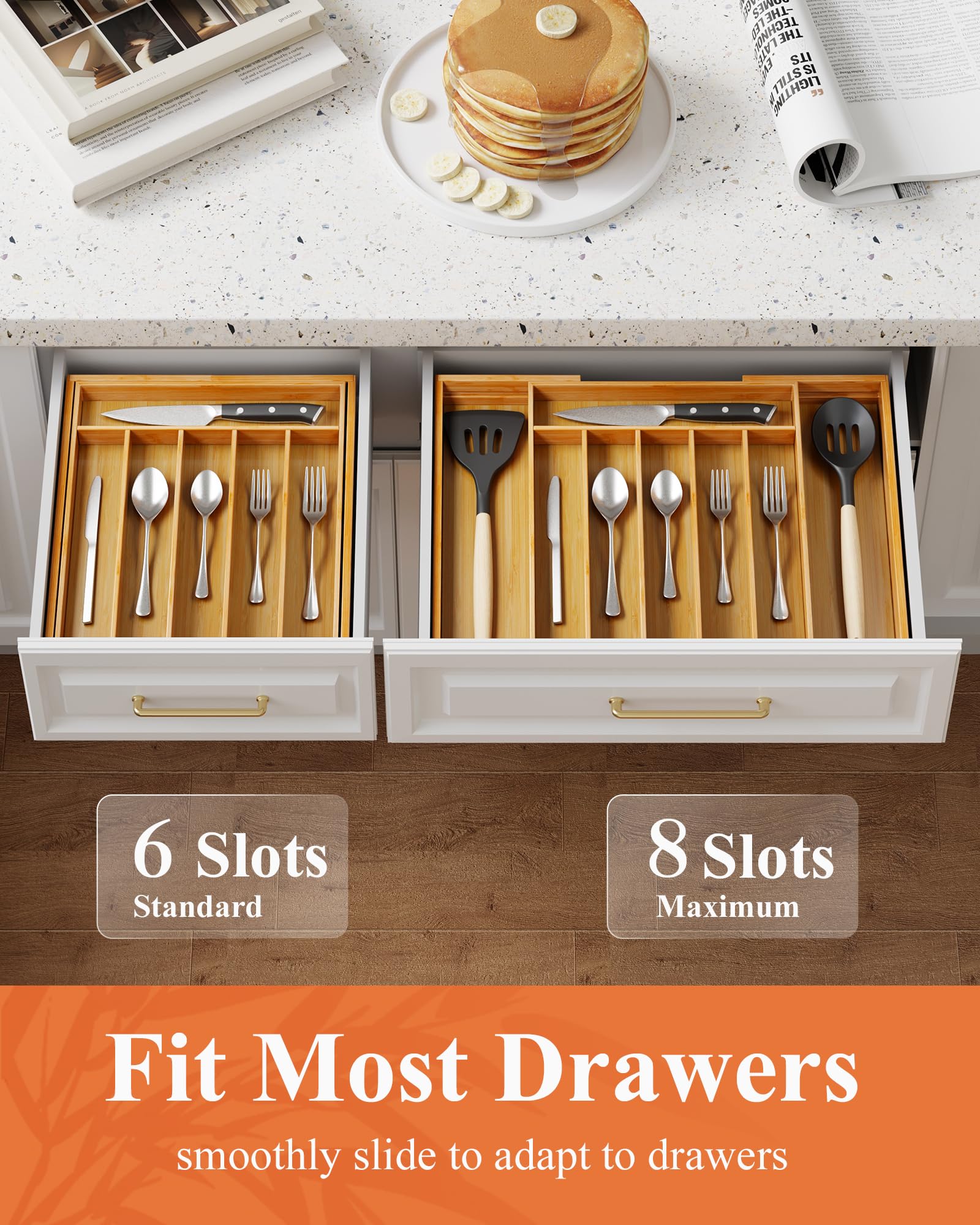 Kitsure Large Bamboo Silverware Organizer - Expandable Drawer Organizer for Utensil, Cutlery and Flatware, Kitchen Storage Solution with 6 to 8 Slots, Natural, 19.4" × 13.1" × 1.8"