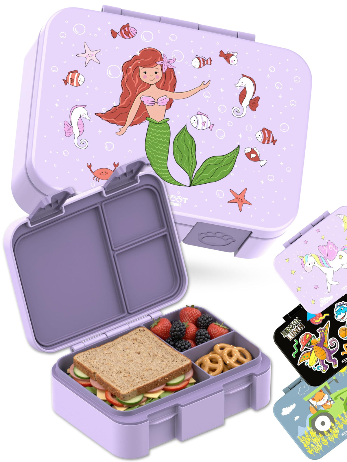 BEARFOOT Kids Lunch Box with Compartments – Compact & Lightweight | Leak-Proof, BPA-Free, Dishwasher Safe | Hand-Drawn Design for Preschool, School, Travel (Sticker Purple, 2.75 Cups)