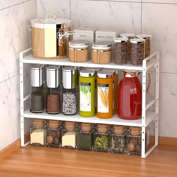 iPEGTOP 3 Pack Large Expandable Cabinet Storage Shelf, Heavy Duty Stackable Steel Metal Spice Rack Adjustable Height Home Office Pantry Garage Shelves for Counter Kitchen Organization, White