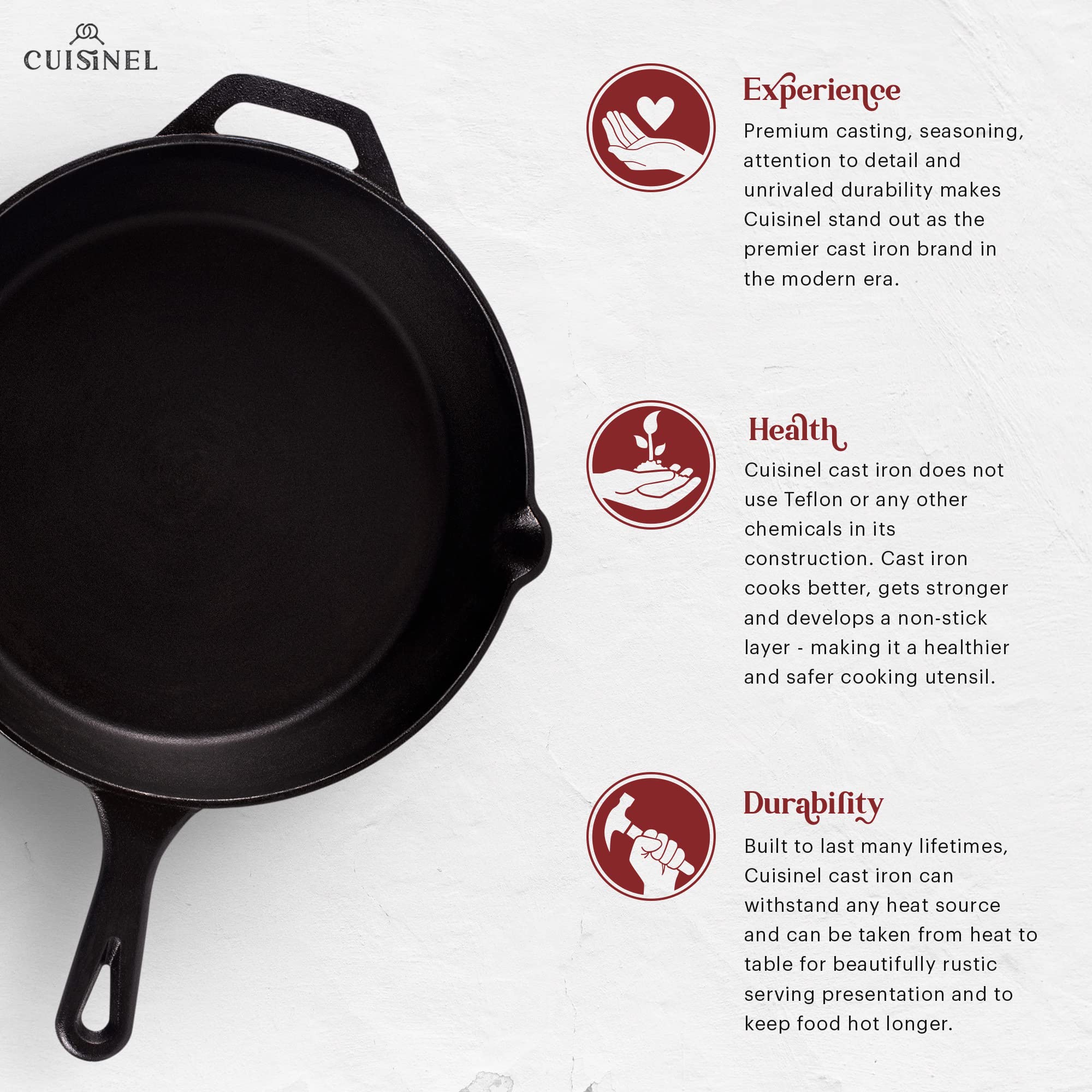 Cuisinel Cast Iron Skillet with Lid - 12"-Inch Frying Pan + Glass Cover + Silicone Handle Holder - PFAS and PFOA-free Pre-Seasoned Oven Safe Cookware - Indoor/Outdoor Use - Grill, BBQ, Fire, Stovetop