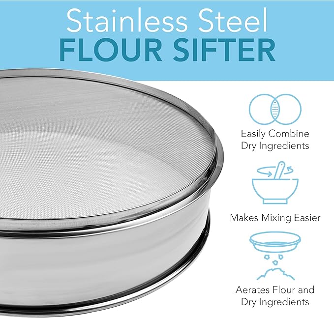 Stainless Steel Flour Sifter Fine Mesh Round Flour Sieve for Baking 9.5" Diameter x 2.5" High; 30 Mesh (Hole Size 0.6mm)