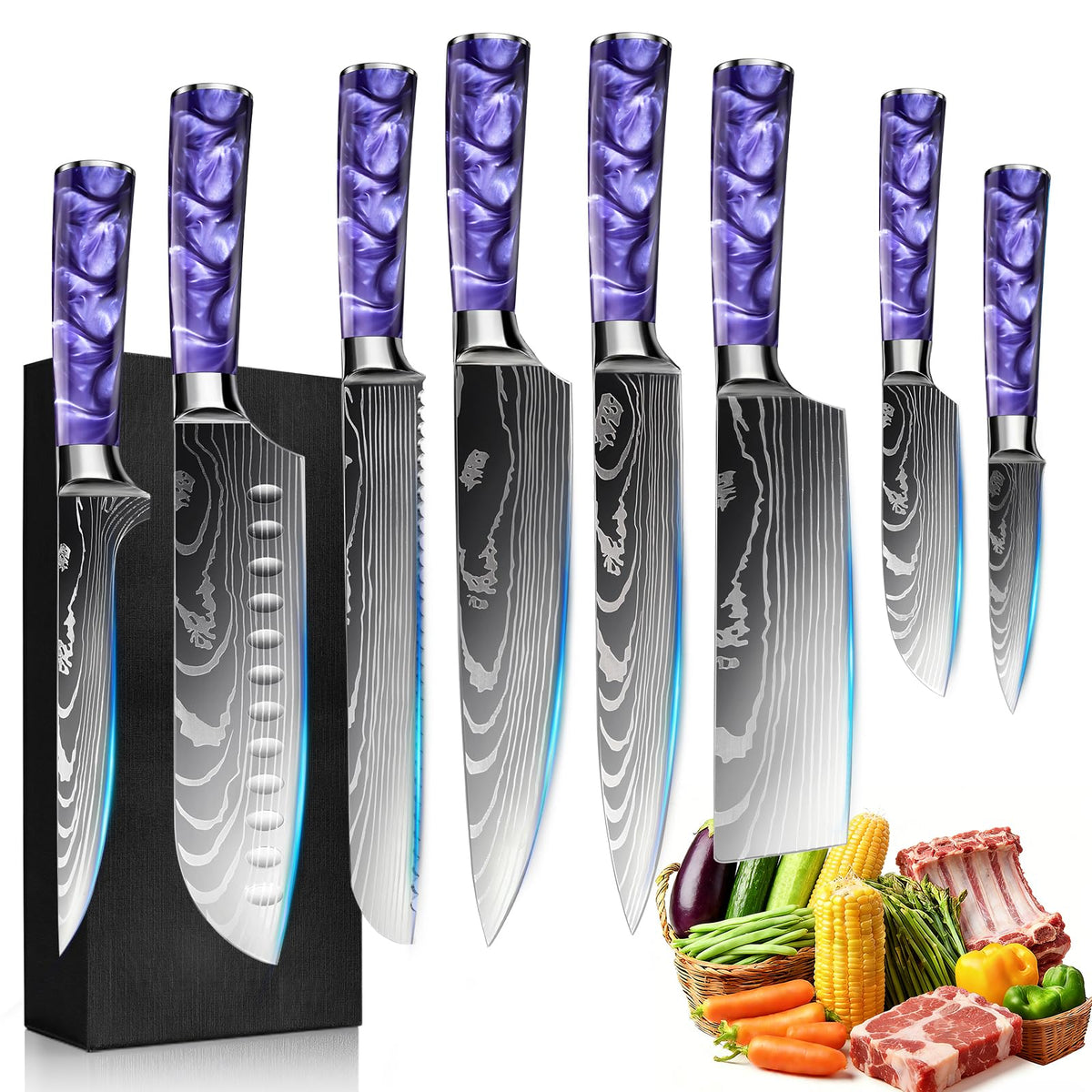 FIVE COWS 10-Piece Premium Japanese Kitchen Knife Set - Star Collection, Laser Damascus Pattern, 440A Stainless Steel Ultra Sharp for Fast Cutting (Red)