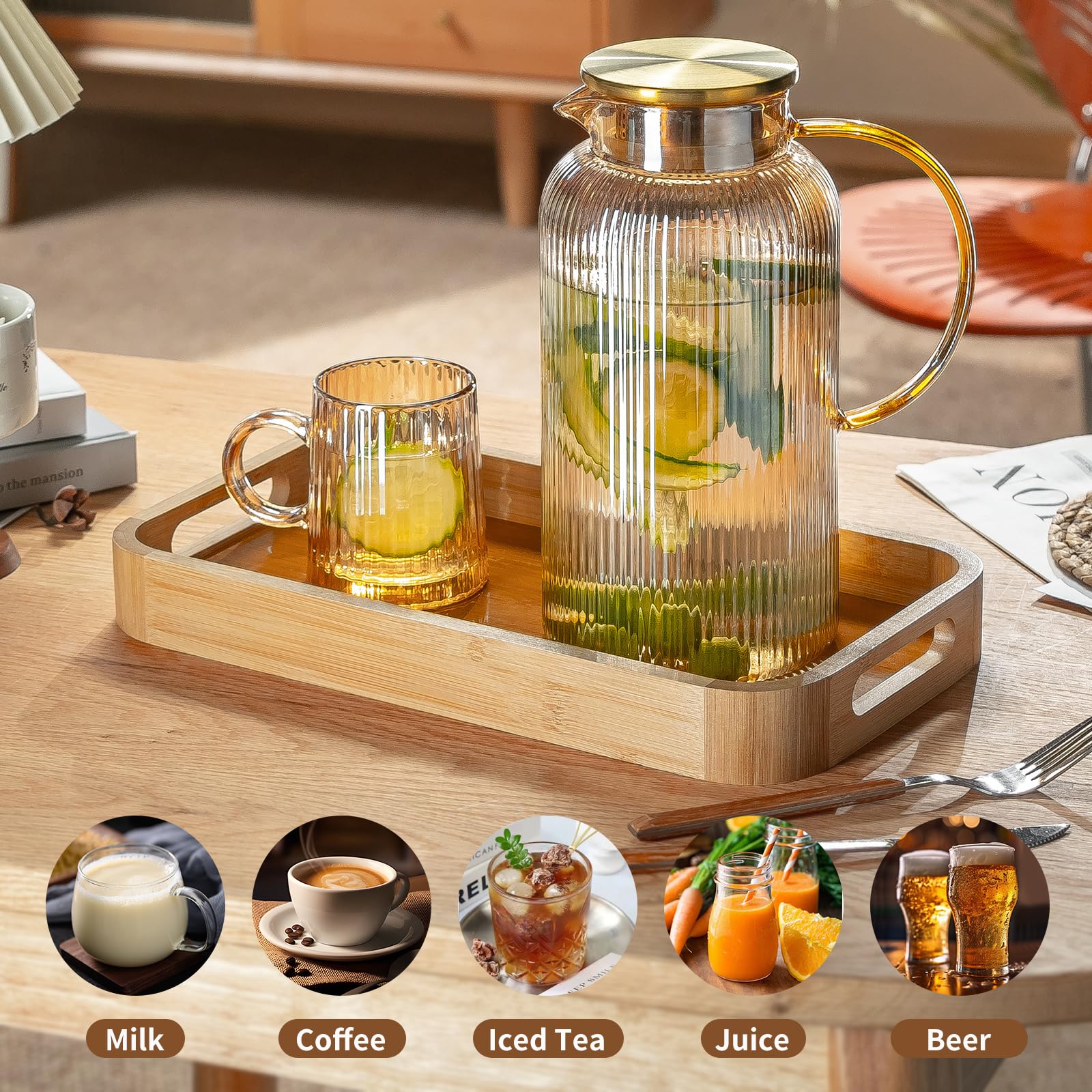 Buaic Glass Pitcher with Lid, 84 oz/ 2.5L Amber Glass Water Pitcher