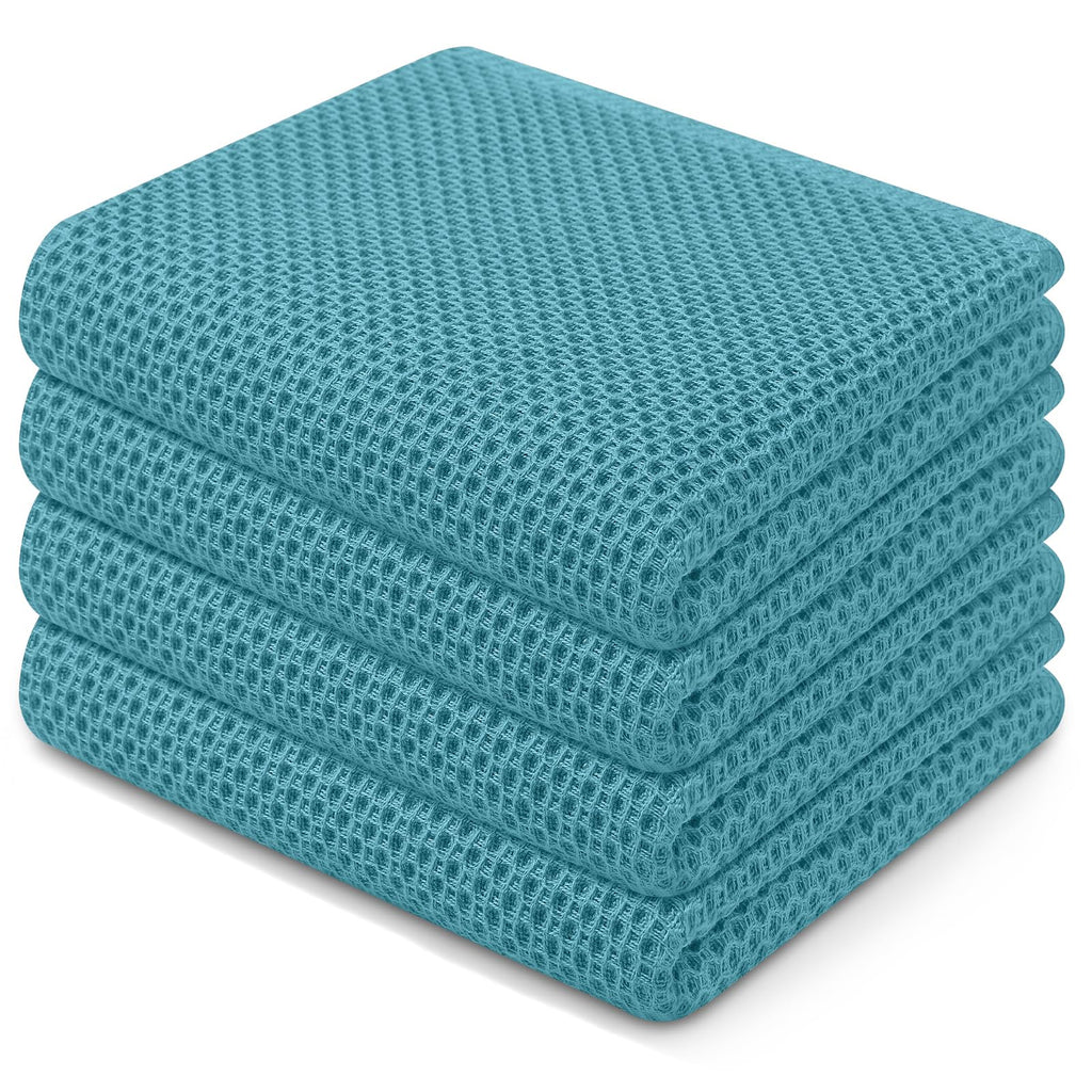 Homaxy 100% Cotton Waffle Weave Kitchen Dish Towels, Ultra Soft Absorbent Quick Drying Cleaning Towel, 13 x 28 Inches, 4-Pack, Lake Blue