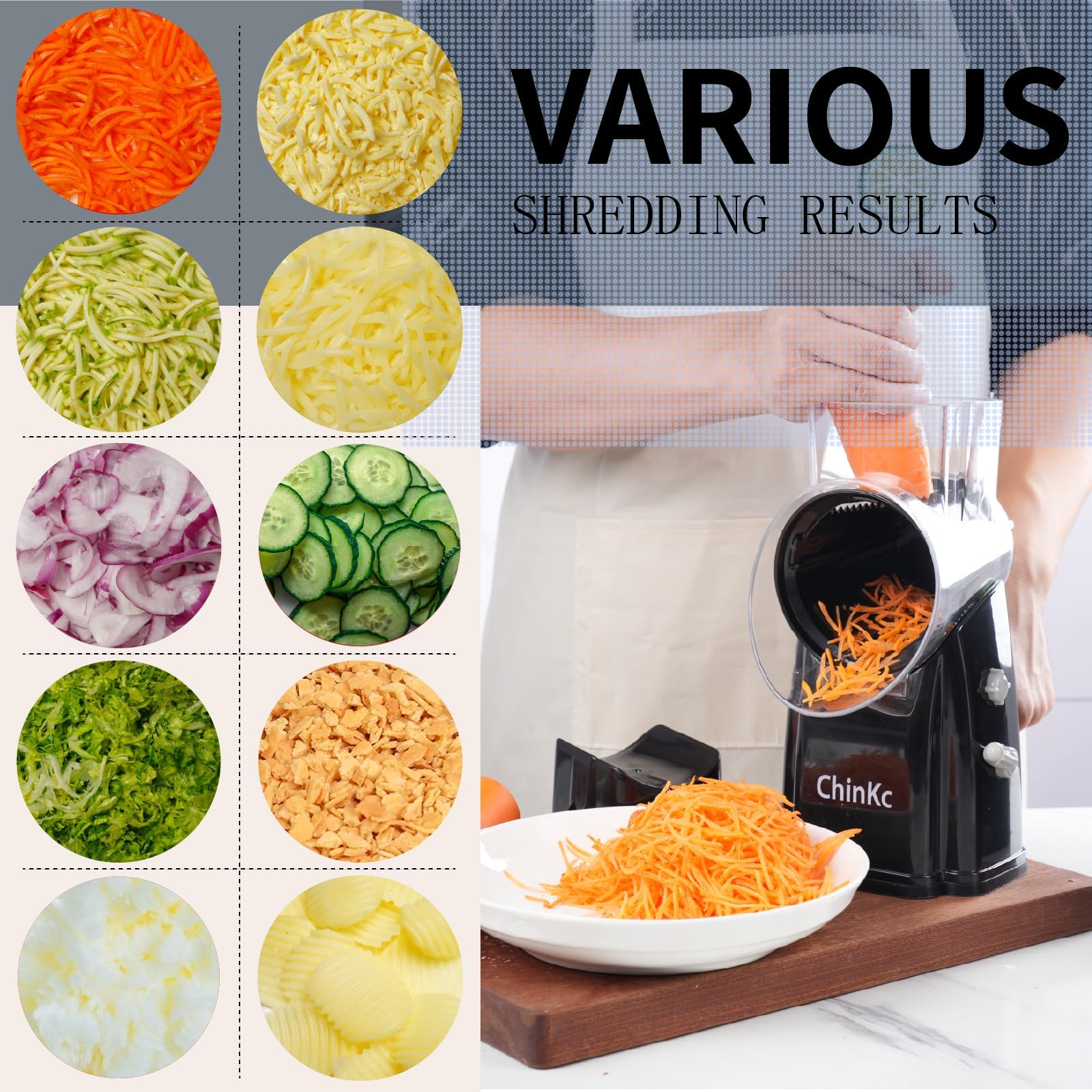ChinKc Upgrade Rotary Cheese Grater Shredder with Handle, Strong Suction Base, Multi-purpose Rotary Grater Slicer with 5 Interchangeable Blades for Ice, Vegetables, Fruit, Nuts with Blade Storage Box
