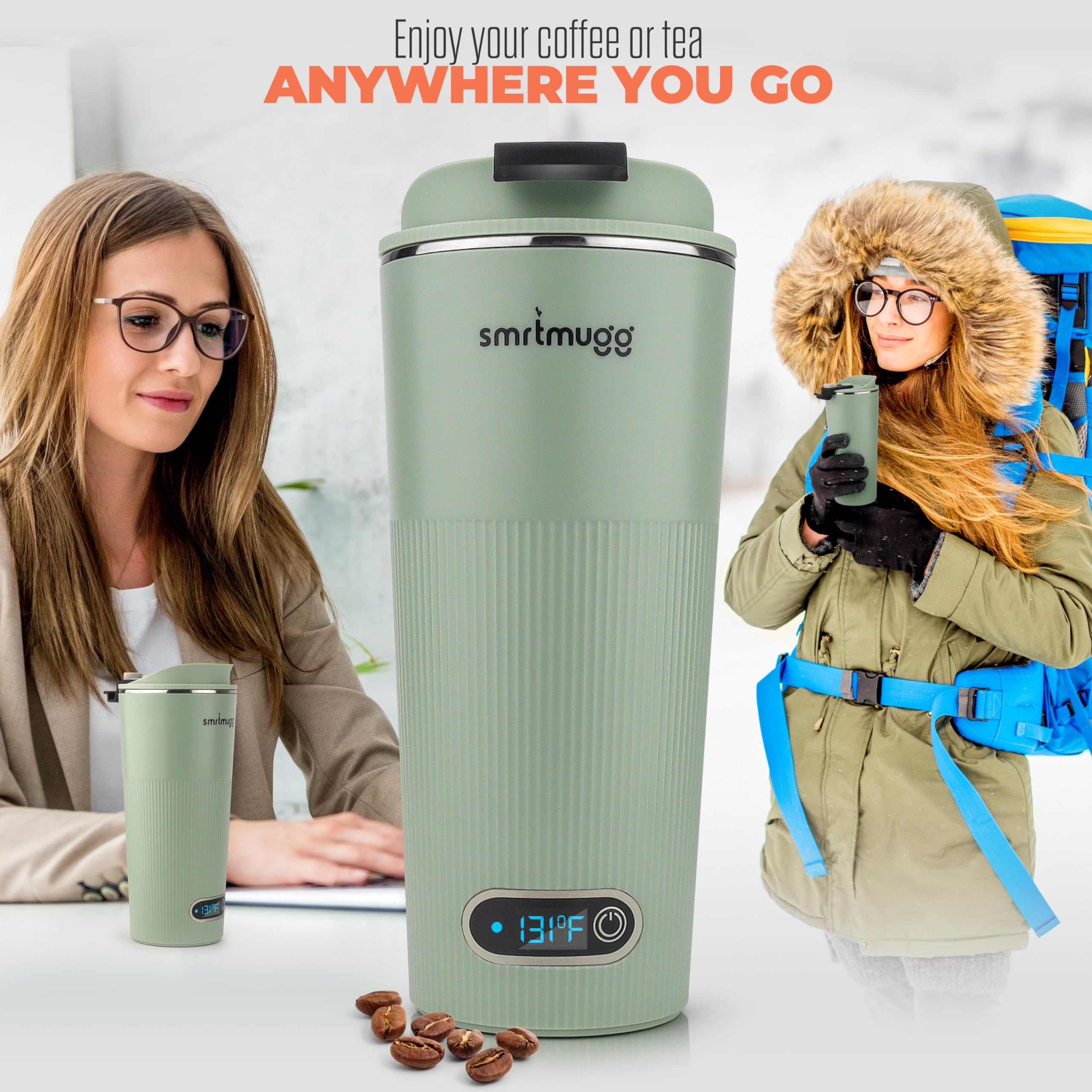 SmrtMugg GO Heated Coffee Mug, Travel Mug, 13.5 OZ. Smart Mug, Battery Powered Heated Coffee Mug, Great for Coffee and Tea, Snap on Magnetic Charging Cord, New and Improved (Mint Green)