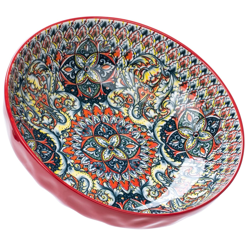 Ronanemon Large Serving Bowls, 75 Oz Fruit Salad Bowls, Bohemian Style Large Porcelain Dishes for Entertaining Parties,Big Bowls for Eating Soup, Salad, Pasta, Fruit, Chips, 10.3 Inch Diameter (red)