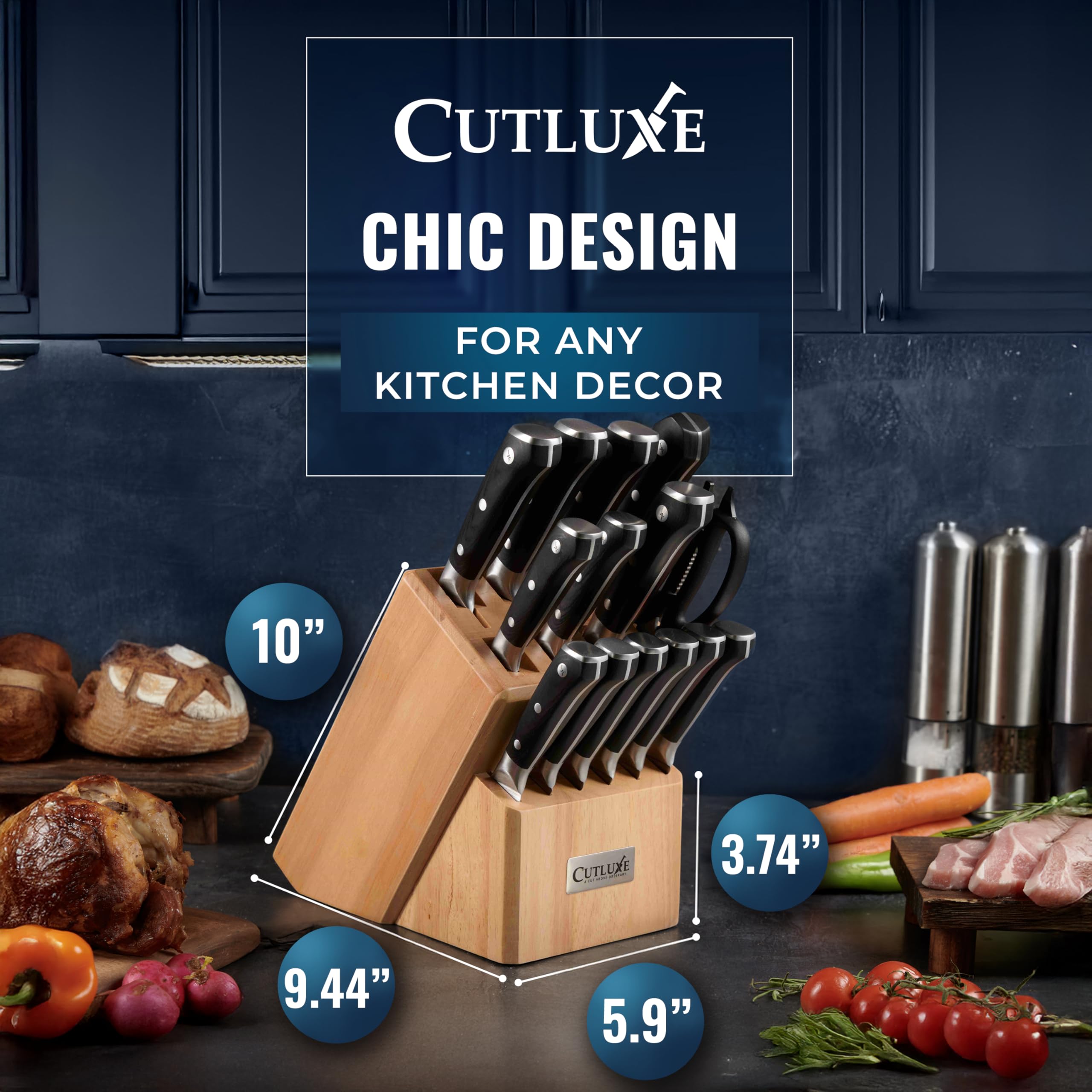 Cutluxe 15-Piece Knife Set for Kitchen – Rubberwood Block, German Steel