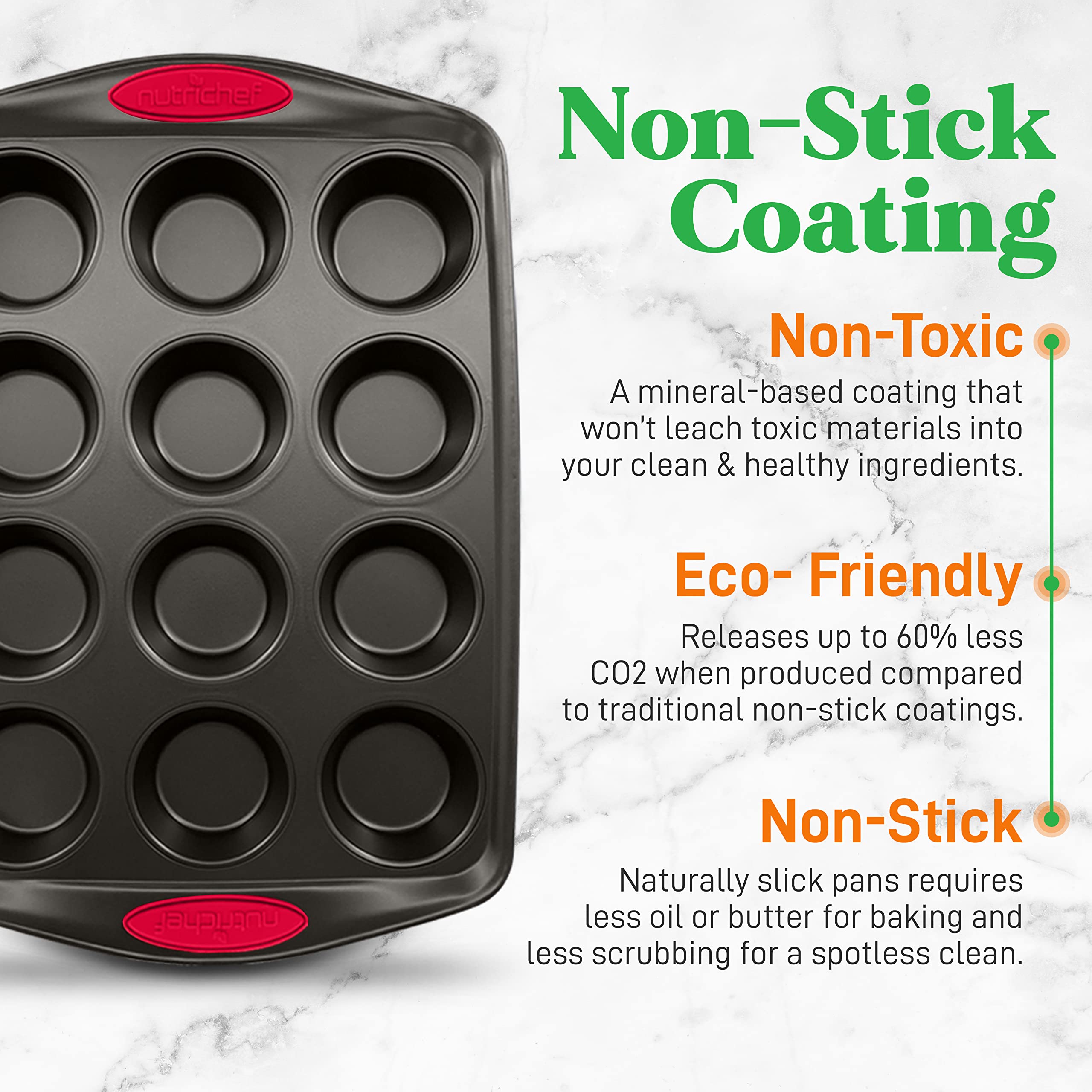 NutriChef 6-Piece Baking Pan Set - Carbon Steel Stackable Bakeware with Red Silicone Handles & Nonstick Coating, Includes Cookie Sheets, Roaster Pan with Lid, Loaf Pan, and 12 Cup Muffin Pan (Black)