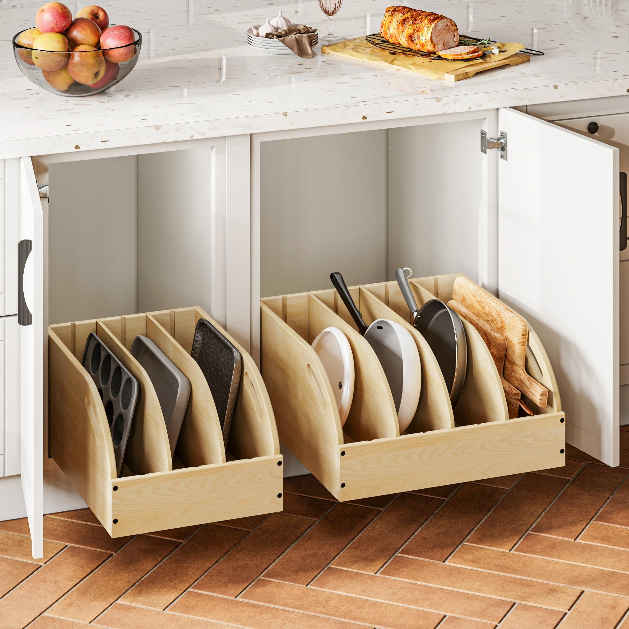 WelFurGeer Birchwood Pot and Pan Organizer with Soft-Close Drawer, Pull Out Cabinet Organizer, Heavy-Duty Slide-Out Storage for Baking Sheets, Cutting Boards, and Kitchen Utensils