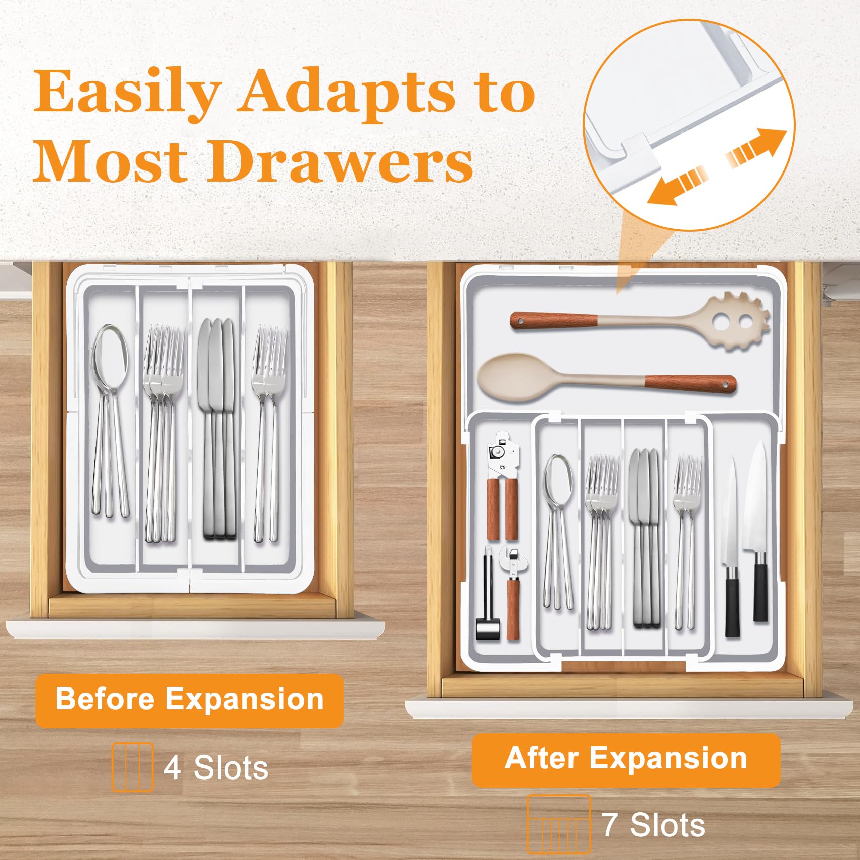 Homecor Silverware Drawer Organizer, Adjustable Kitchen Drawer Organizer, Expands from 4 to 7 Slots, Non-Slip BPA-Free Flatware Cutlery Utensil Holder for Forks Knives Spoons and Kitchen Utensil,White