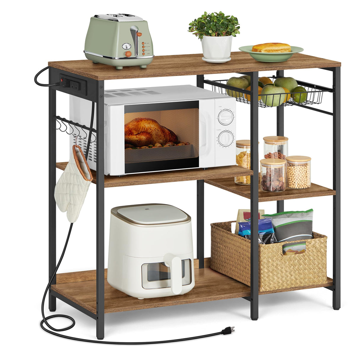 VASAGLE Kitchen Baker’s Rack, Steel Frame, Wire Basket, 6 Hooks