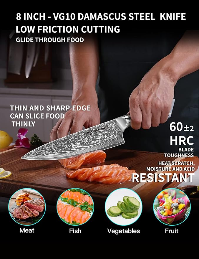 SANMUZUO Chef Knife - 8 inch - Xuan Series - VG10 Damascus Steel Kitchen Knife - Resin Handle (Jade Green)