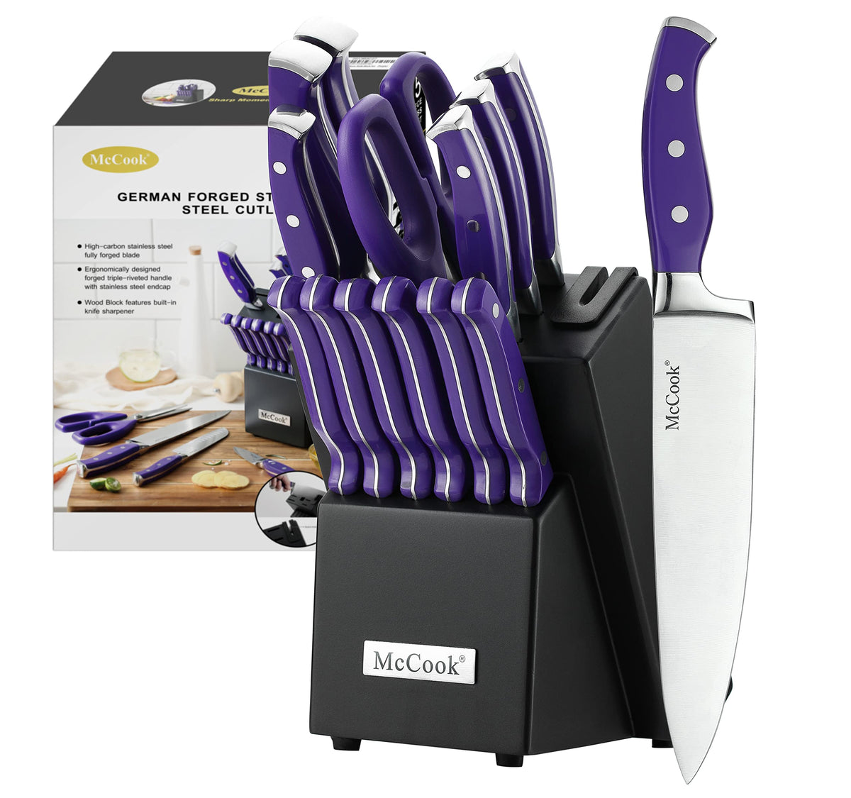 McCook Knife Set Sharp Kitchen Knife Block Set w Built-in Sharpener