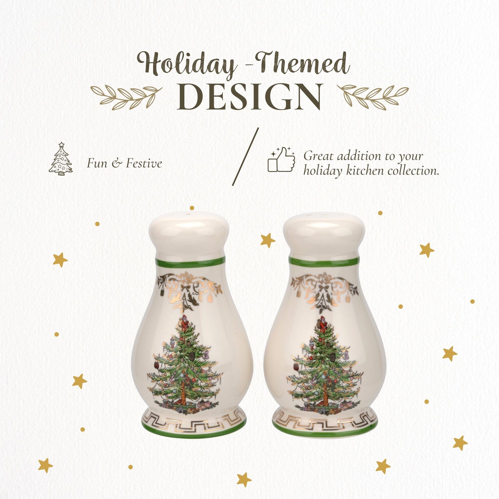 Spode Christmas Tree Gold Salt and Pepper Shaker Set (2-Piece)- Holiday Kitchen & Table Décor - Festive Home Accent, Christmas Gift/Stocking Stuffer for Collectors & Holiday Enthusiasts