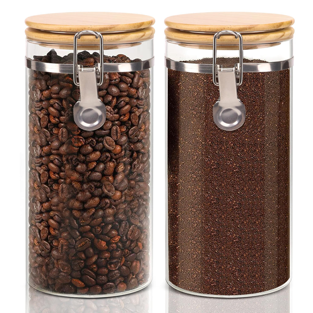 EQEY Glass Coffee Canister Set with Shelf & Spoons - 3 Piece Airtight Seal Coffee Bean Storage Containers & Filter Holder for Kitchen Organization