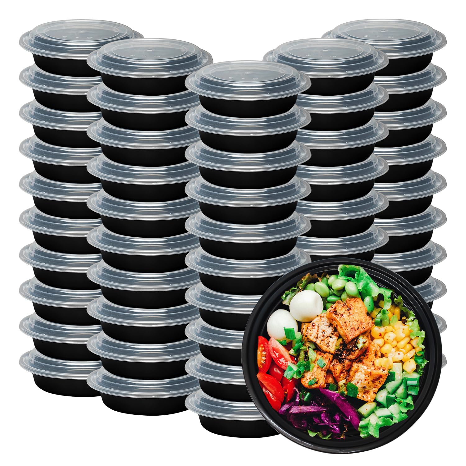 Klex 48 Oz, 150 Sets Meal Prep Containers with Airtight Lids, BPA Free, Reusable Plastic Food Container, 48 oz, Round, Black/Clear, 150 Sets