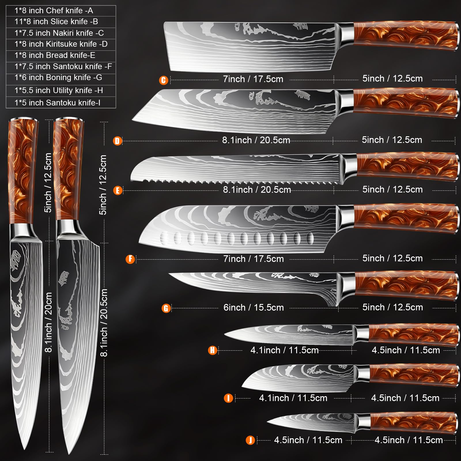 FIVE COWS 10-Piece Premium Japanese Kitchen Knife Set - Star Collection, Laser Damascus Pattern, 440A Stainless Steel Ultra Sharp for Fast Cutting (Red)