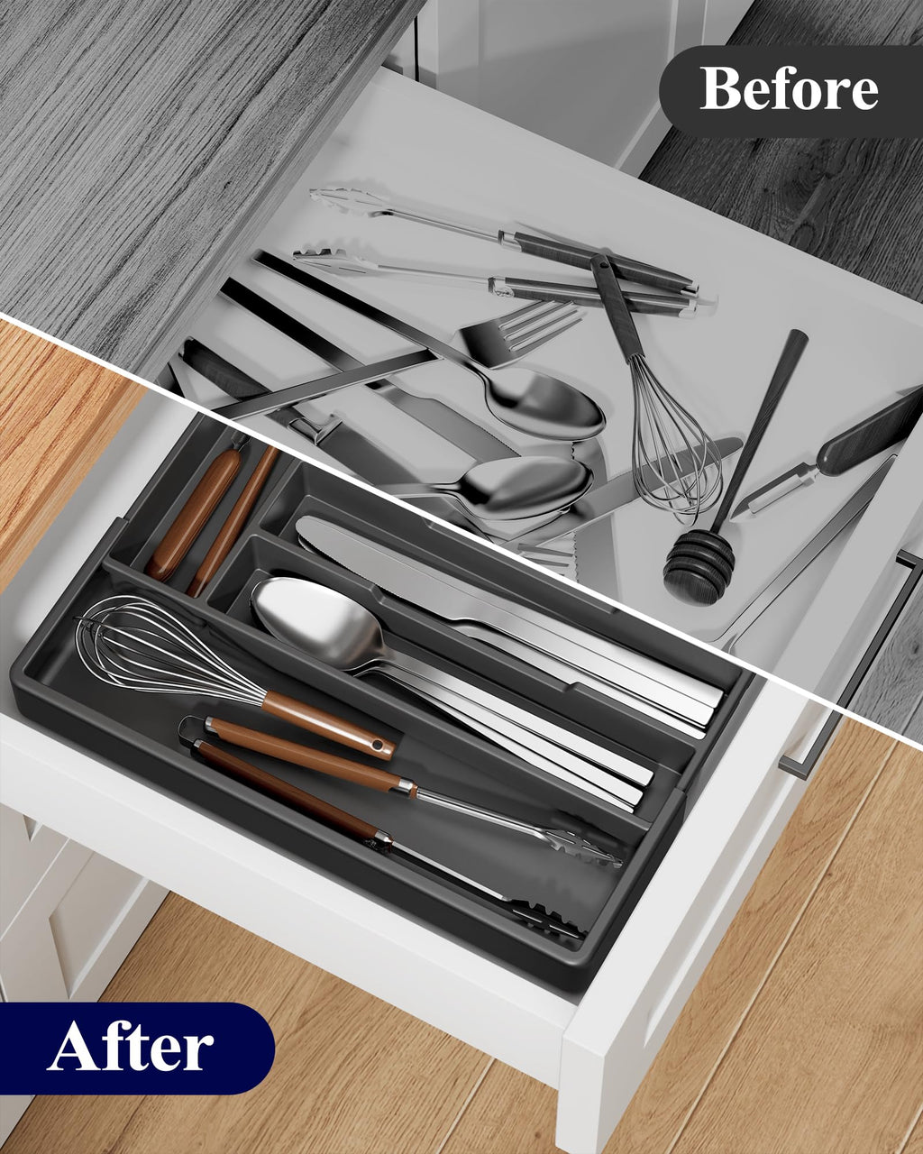 Kitsure Silverware Organizer for Drawers - Expandable Cutlery and Utensil Drawer Organizer with Easy Maintenance, Premium PP Kitchen Organizers and Storage for Flatware, White, 13.2" x 12.2" x 1.6"
